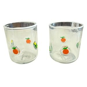 Anthropologie Juice Glasses Set of 2 Clear Orange Fruit 3D Applique Excellent